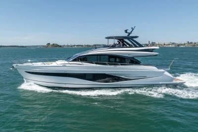 2023 Princess S72 yacht cruising on open water, showcasing sleek design and luxury features.
