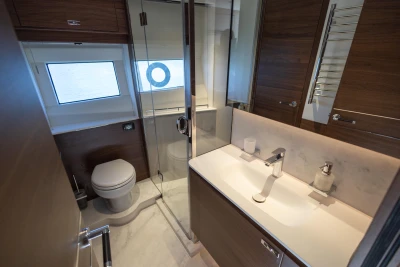 Luxurious bathroom in 2023 Princess S72 yacht with modern fixtures and elegant design.