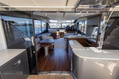 Luxurious interior of 2023 Princess S72 yacht with modern design and spacious layout.