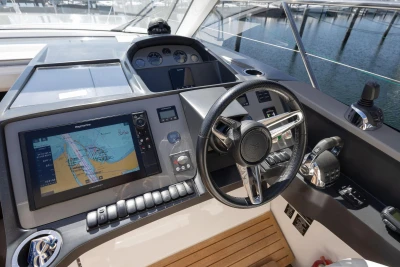 Helm of 2017 Princess V40 yacht with navigation system and controls.