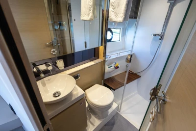 Luxurious 2017 Princess V40 yacht bathroom with modern fixtures and elegant design.
