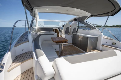 Luxurious 2017 Princess V40 yacht interior with elegant seating and ocean view.