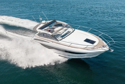 2017 Princess V40 yacht cruising on open water, showcasing sleek design and performance.