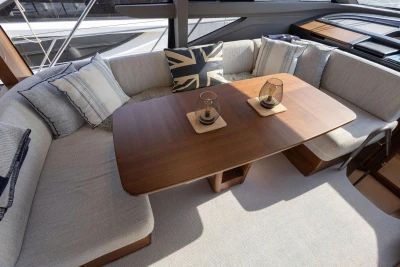 Luxurious 2024 Princess F50 yacht interior with elegant seating and stylish decor.