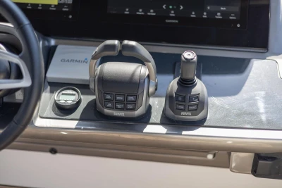 Control panel of 2024 Princess F50 yacht with Garmin navigation system.
