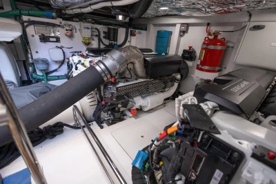 Engine room of 2024 Princess F50 yacht, showcasing advanced machinery and equipment.