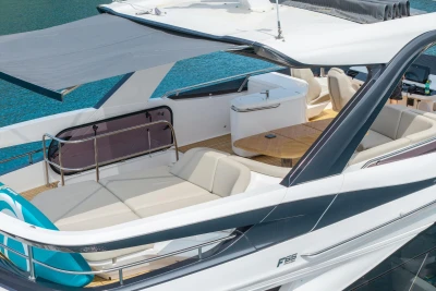 Luxurious 2025 Princess F65 yacht with spacious deck and modern seating.