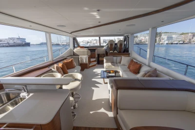Luxurious interior of 2026 Princess Y72 yacht with elegant seating and ocean views.