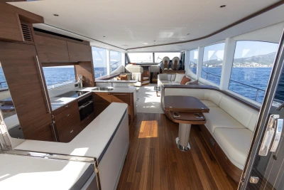 Luxurious interior of 2026 Princess Y72 yacht with modern furnishings and panoramic ocean views.
