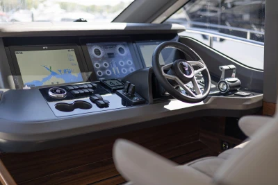 Helm of 2026 Princess Y72 yacht with advanced navigation and control systems.