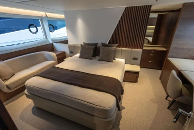 Luxurious cabin interior of 2026 Princess Y72 yacht with elegant furnishings and modern design.