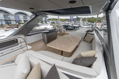 Luxurious 2026 Princess Y72 yacht deck with elegant seating and modern design.