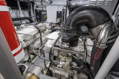 Engine room of 2026 Princess Y72 yacht, featuring advanced machinery and components.