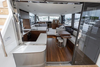 Luxurious interior of 2026 Princess F65 yacht with modern furnishings and sleek design.