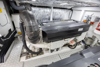 Engine room of a 2020 Princess F55 yacht, featuring advanced machinery and equipment.