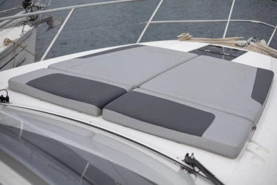 Sunbathing cushions on 2018 Princess V40 yacht deck, featuring sleek design and comfort.