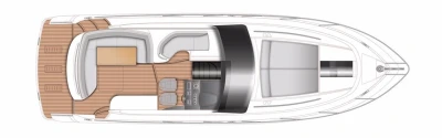 Top view of a boat design with seating area and helm station.
