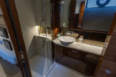 Luxurious bathroom in 2018 Princess S60 yacht with modern fixtures and elegant design.