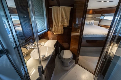 Luxurious bathroom and bedroom interior of 2018 Princess S60 yacht.