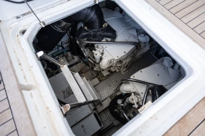 Engine compartment of 2018 Princess S60 yacht, showcasing dual engines and mechanical components.