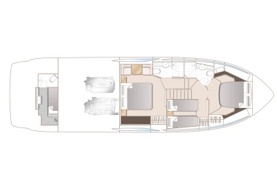 Floor plan of 2022 Princess F55 yacht, showcasing interior layout and engine placement.