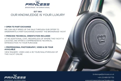 Princess Brokerage International yacht services advertisement with steering wheel detail, model 43, 2017.
