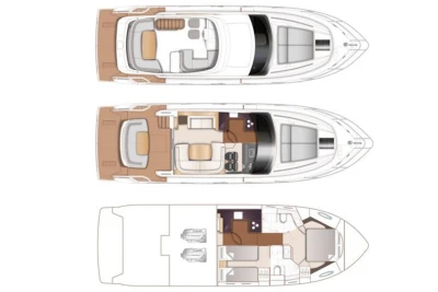 Floor plan of a 2017 Princess 43 yacht, showcasing three detailed deck layouts.