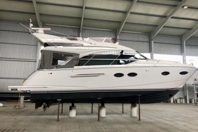 2017 Princess 43 yacht in a warehouse, side view.