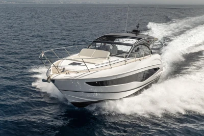 2023 Princess V50 Open yacht cruising on open water, showcasing sleek design and performance.