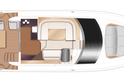 Floor plan of 2023 Princess F45 yacht, featuring seating, kitchen, and deck layout.