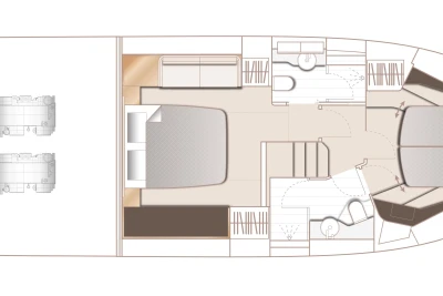 Floor plan of 2023 Princess F45 yacht, showcasing cabin layout and amenities.